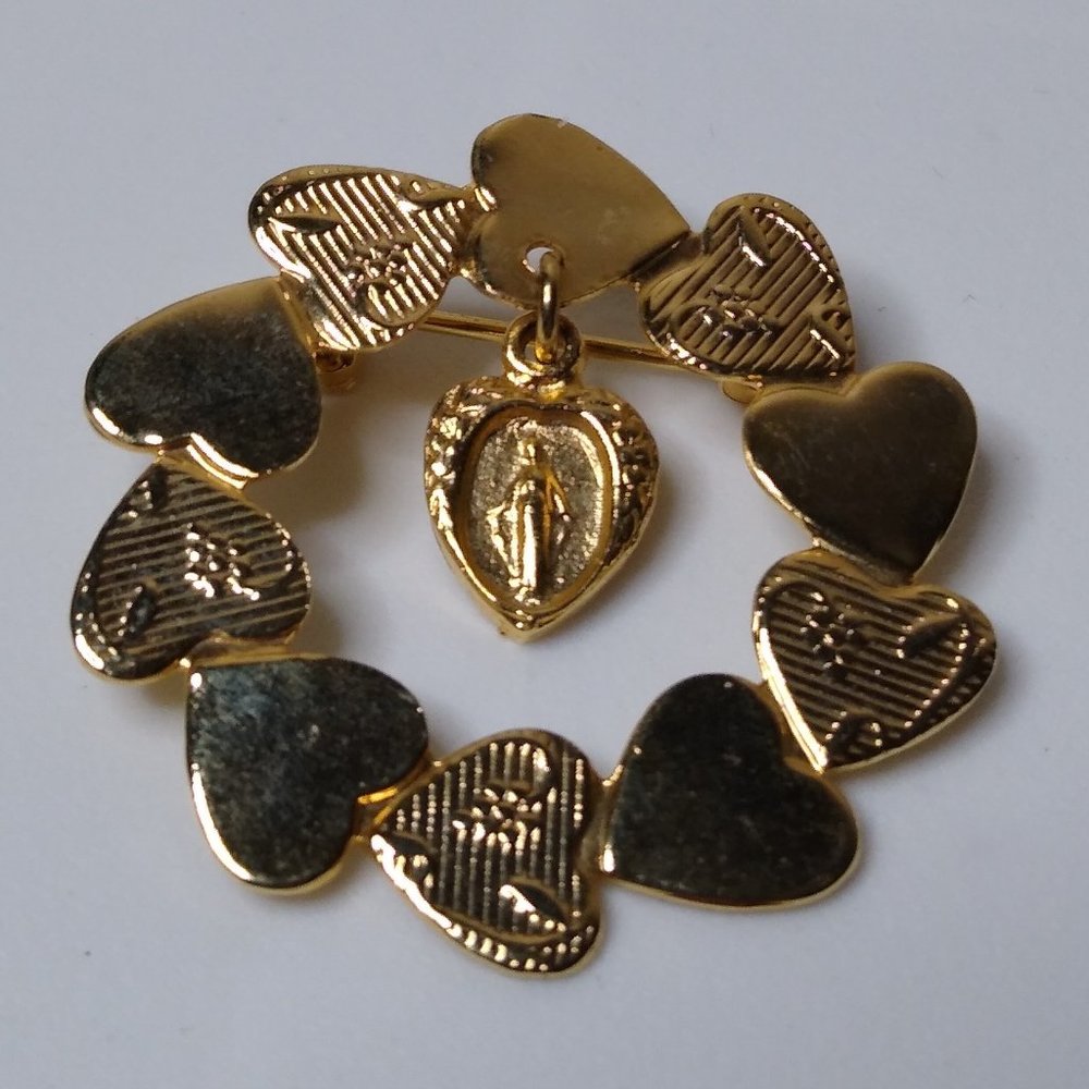 Vintage Metal Virgin Mary Hearts Brooch